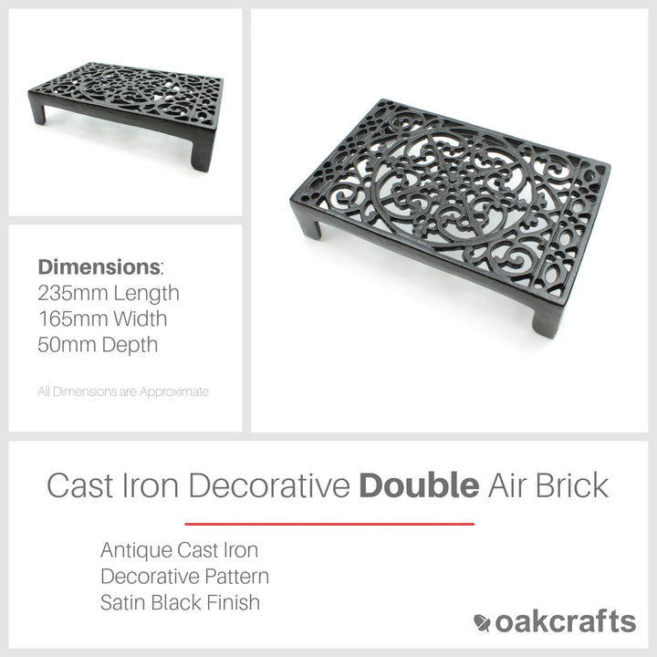 Antique Cast Iron Decorative Air Brick in Satin Black Finish - 235mm x 165mm