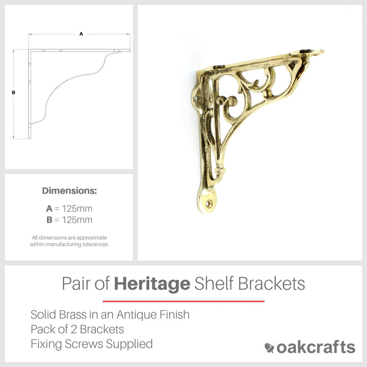 Pair of Antique Brass Heritage Shelf Brackets - 125mm x 125mm