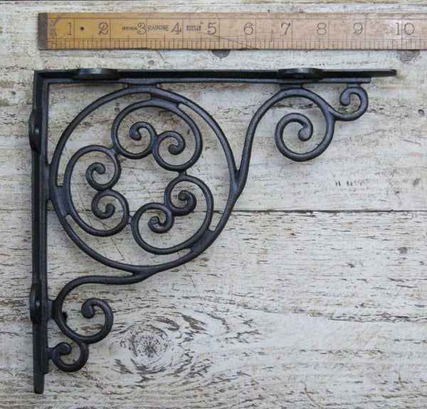 Pair of Antique Cast Iron Jubilee Scroll Shelf Brackets - 250mm x 230mm