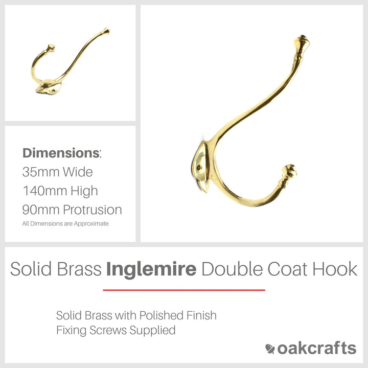 Solid Brass Double Inglemire Coat Hook - 140mm