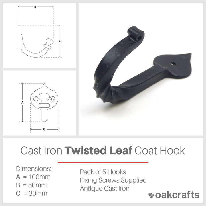 Hand Forged Rustic Leaf Twisted Black Wax Coat Hook (Pack of 5)