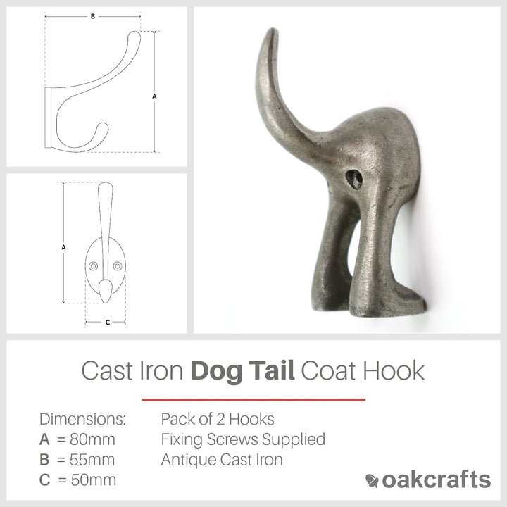Pair of Heavy Duty Solid Cast Iron DOG TAIL Coat Hooks