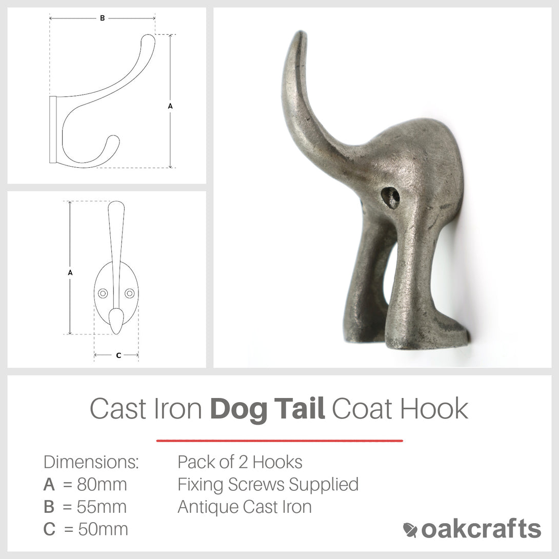 Pair of Heavy Duty Solid Cast Iron DOG TAIL Coat Hooks Oakcrafts