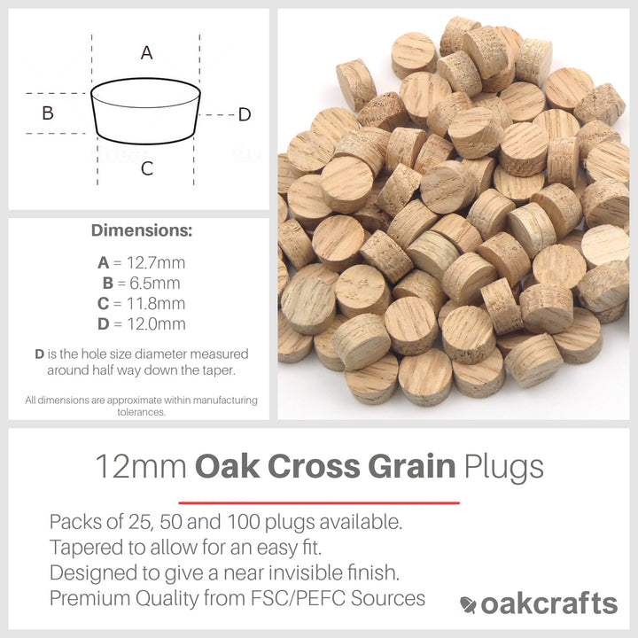 12mm Oak Flat Head Cross Grain Plug
