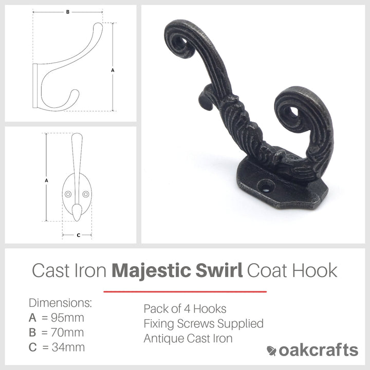 Hat and Coat Hook Majestic Swirl Cast Antique Iron - Pack of 4