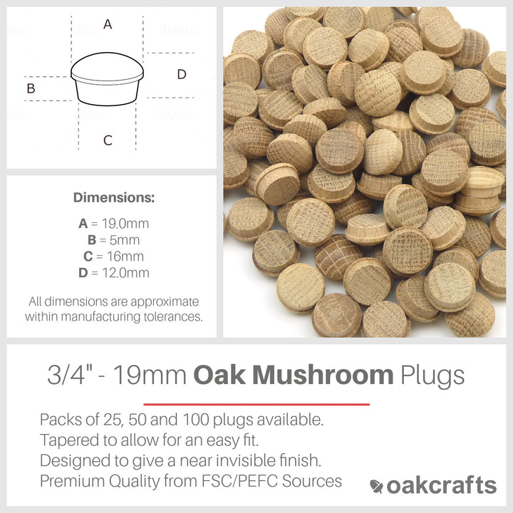 3/4" - 19mm Oak Mushroom Plug