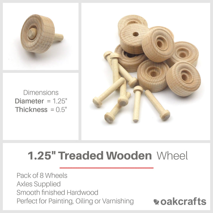 Oakcrafts 1.25" Wooden Treaded Wheels - Pack of 8 including axles
