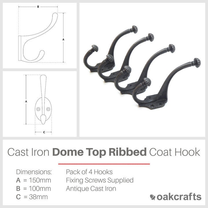 Cast Iron Dome Top Ribbed Coat Hook  - Pack of 4 Hooks