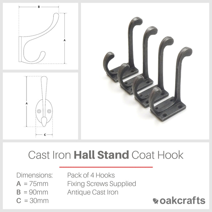 Cast Iron Hall Stand Coat Hook  - Pack of 4 Hooks