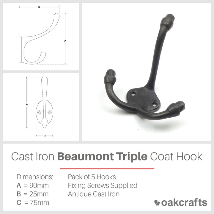 Coat Hook Triple BEAUMONT Plain Cast Antique Iron 90mm - Pack of 5 Hooks