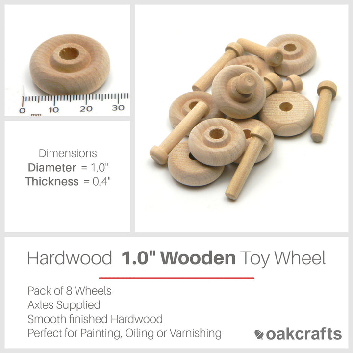 Oakcrafts 1.0" Wooden Wheel - Pack of 8 including axles