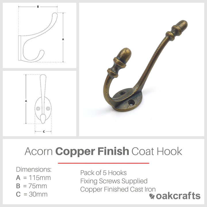 Antique Copper Finish Acorn Hat & Coat Hook 115mm - Pack of 5 Hooks