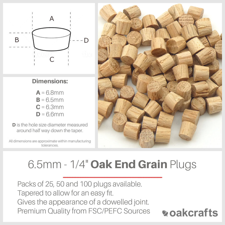 1/4" - 6.5mm Oak Flat Head End Grain Plug