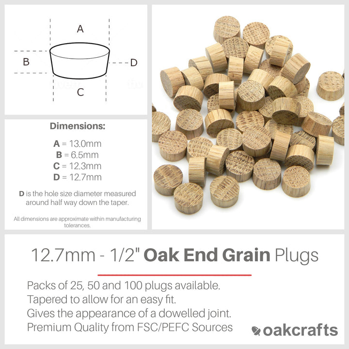 12.7mm - 1/2" Oak Flat Head End Grain Plug