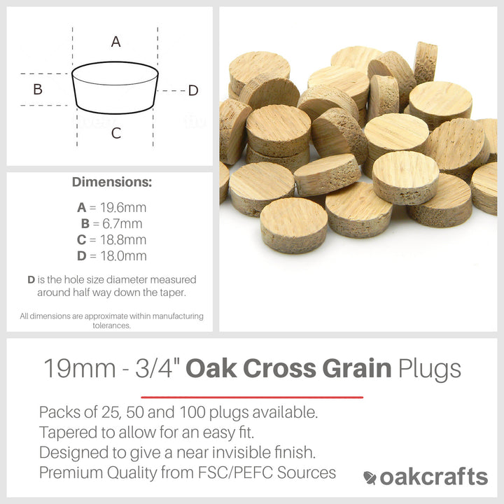 19mm - 3/4" Oak Flat Head Cross Grain Plug