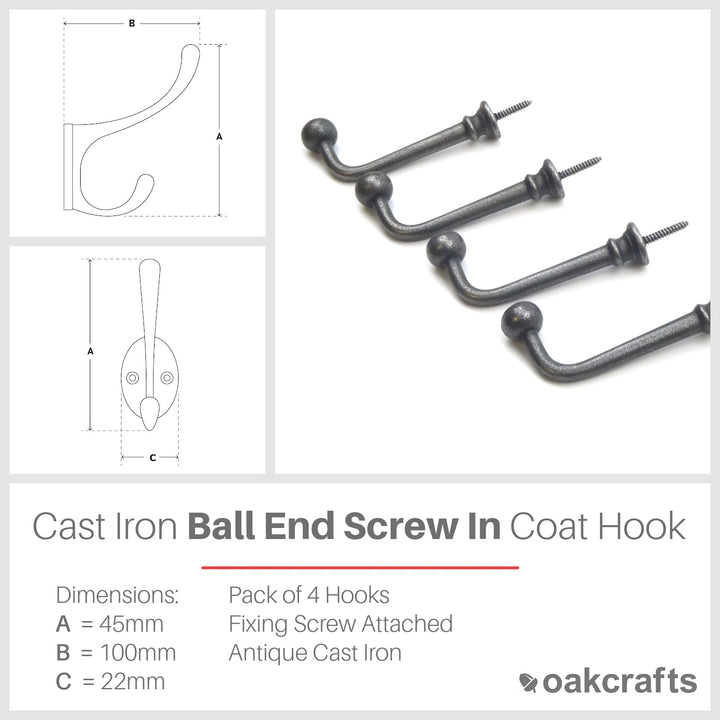 Ball End Screw In Coat Hook  - Pack of 4 Hooks